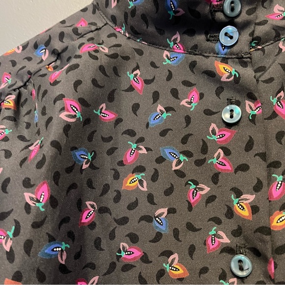 Vintage 70s mock neck secretary blouse abstract flower fruit print - Picture 7 of 10